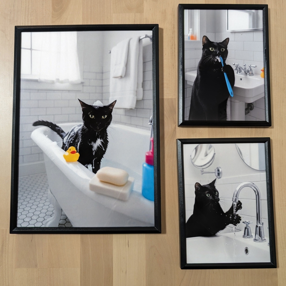 Set of 3 Black Cat Bathroom Wall Decor (With Frame)